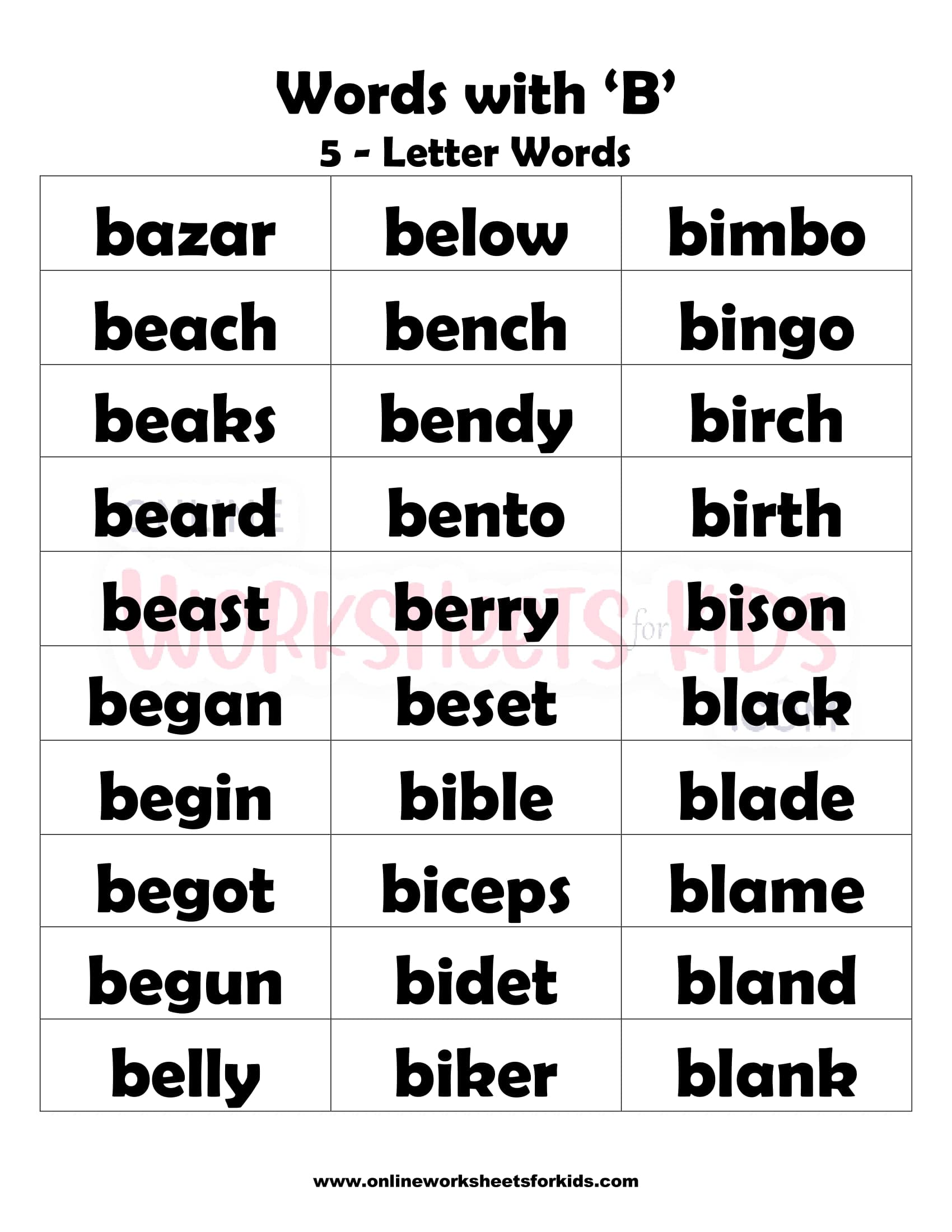 Word Search - Words That Start with B - Five Words