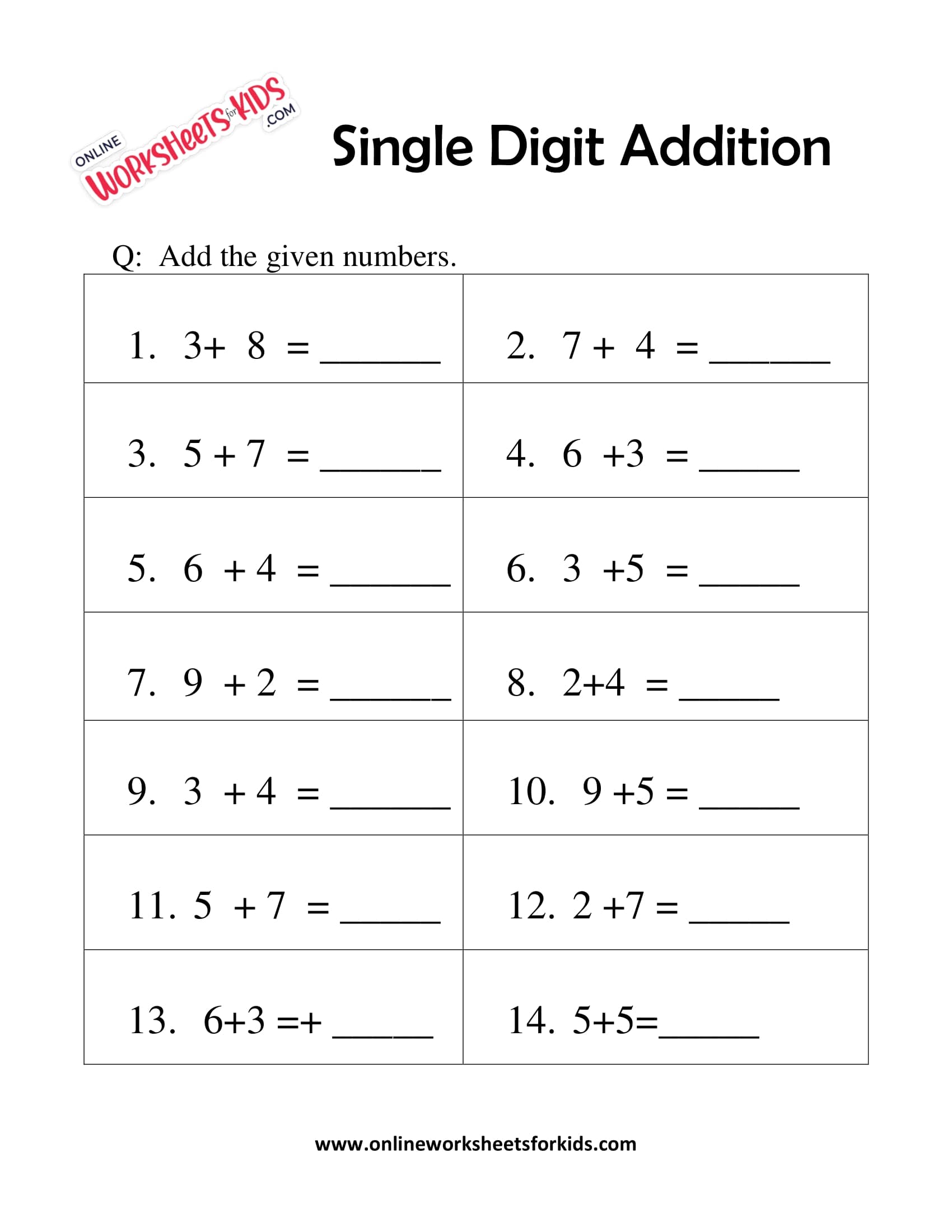 free single digit addition worksheets for first grade