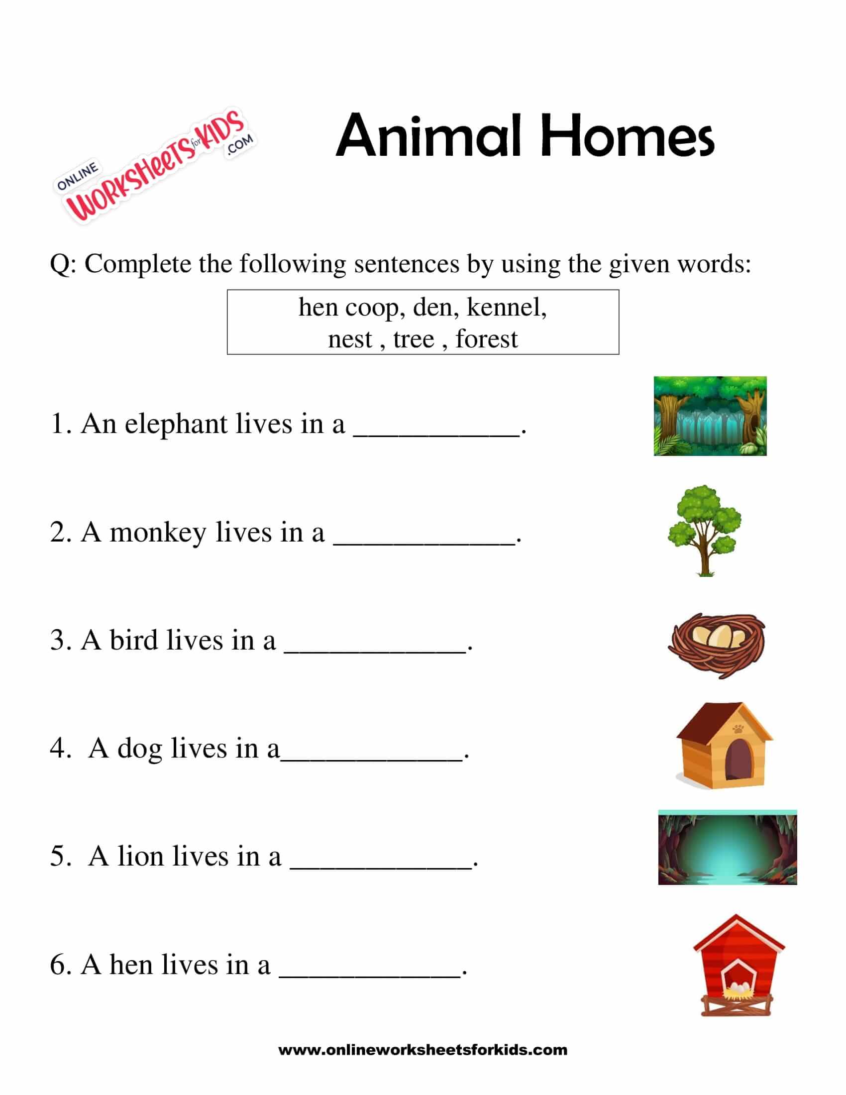 Animal Homes Worksheet for Grade 1-10