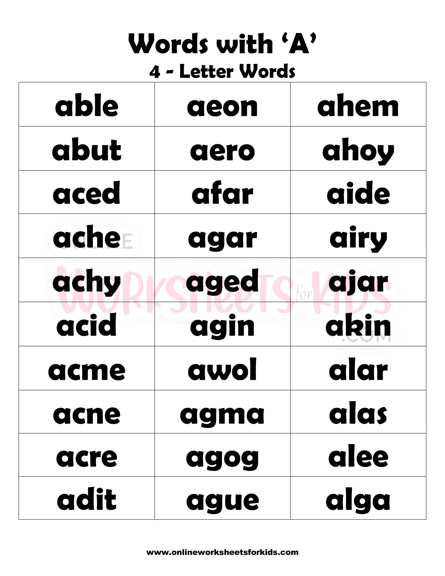 Words Starting With A For Kids