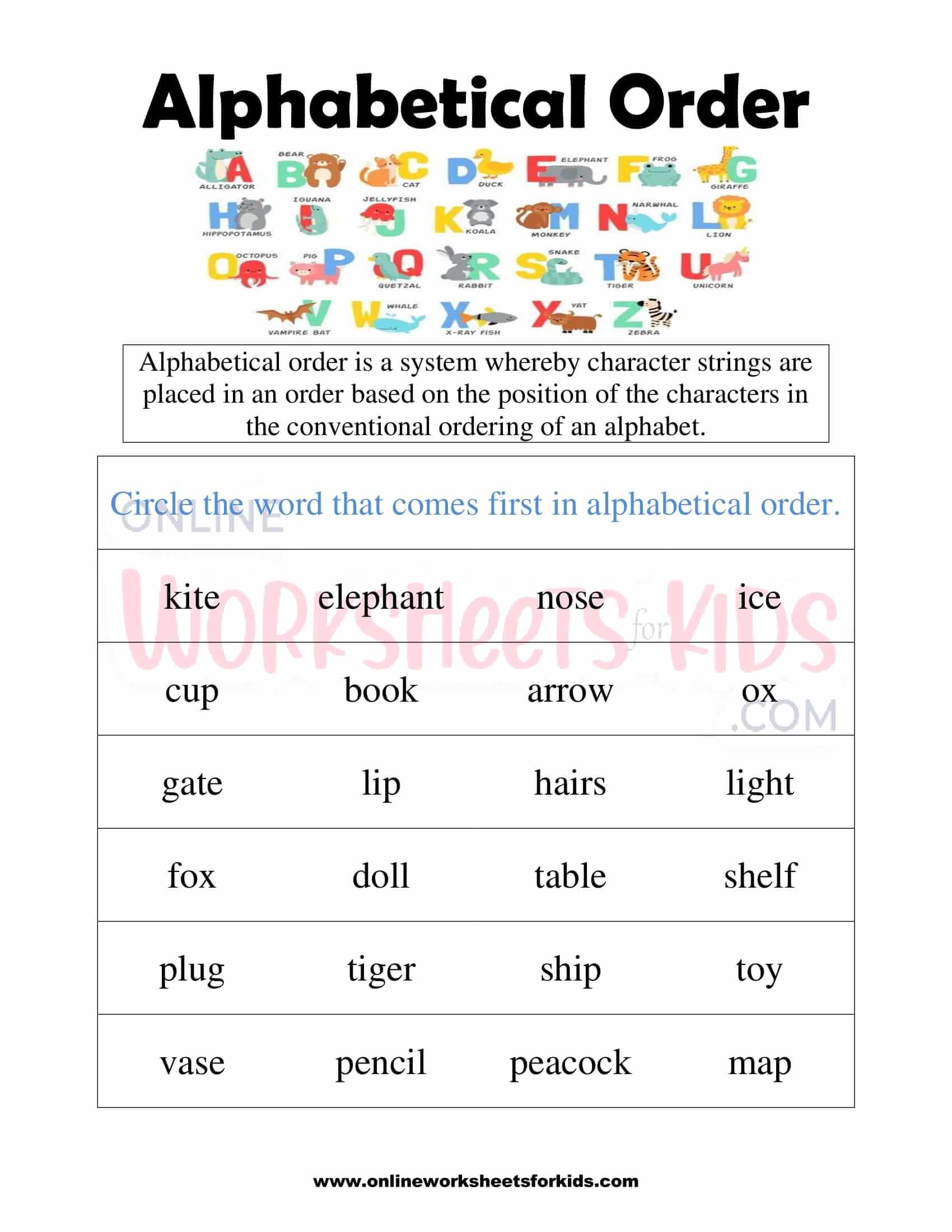 Alphabetical Order Worksheets for grade 12