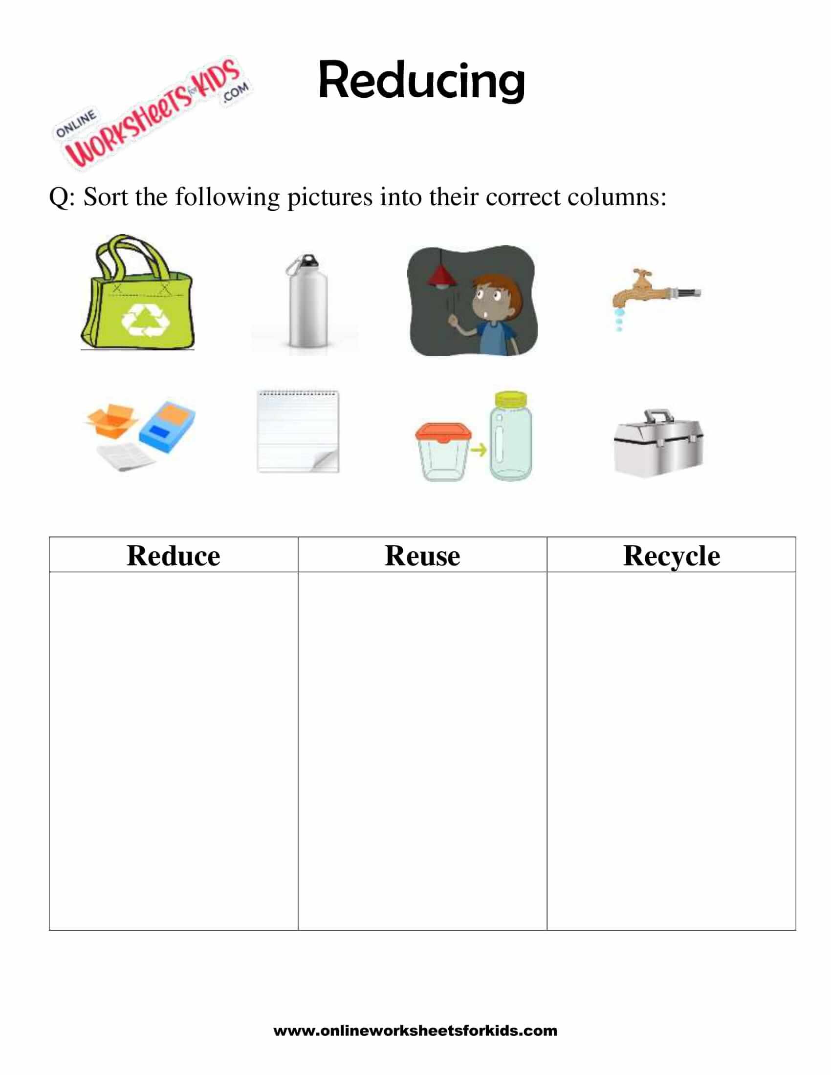 Reduce, Reuse, Recycle, Rethink Worksheet for kids