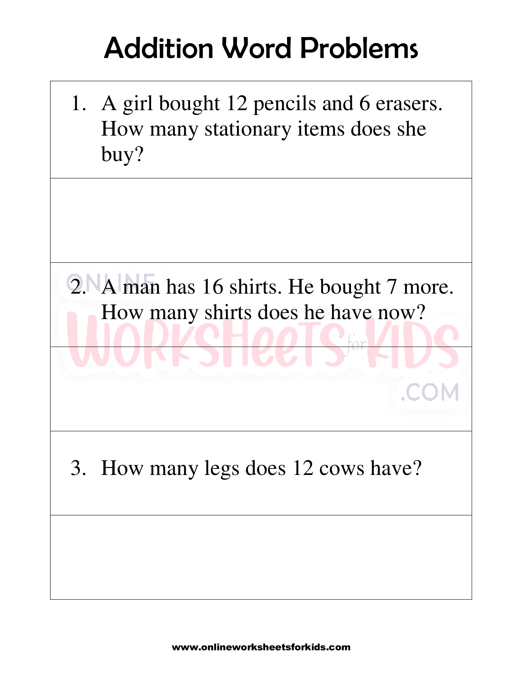 Addition Word Problems Worksheets Grade 14