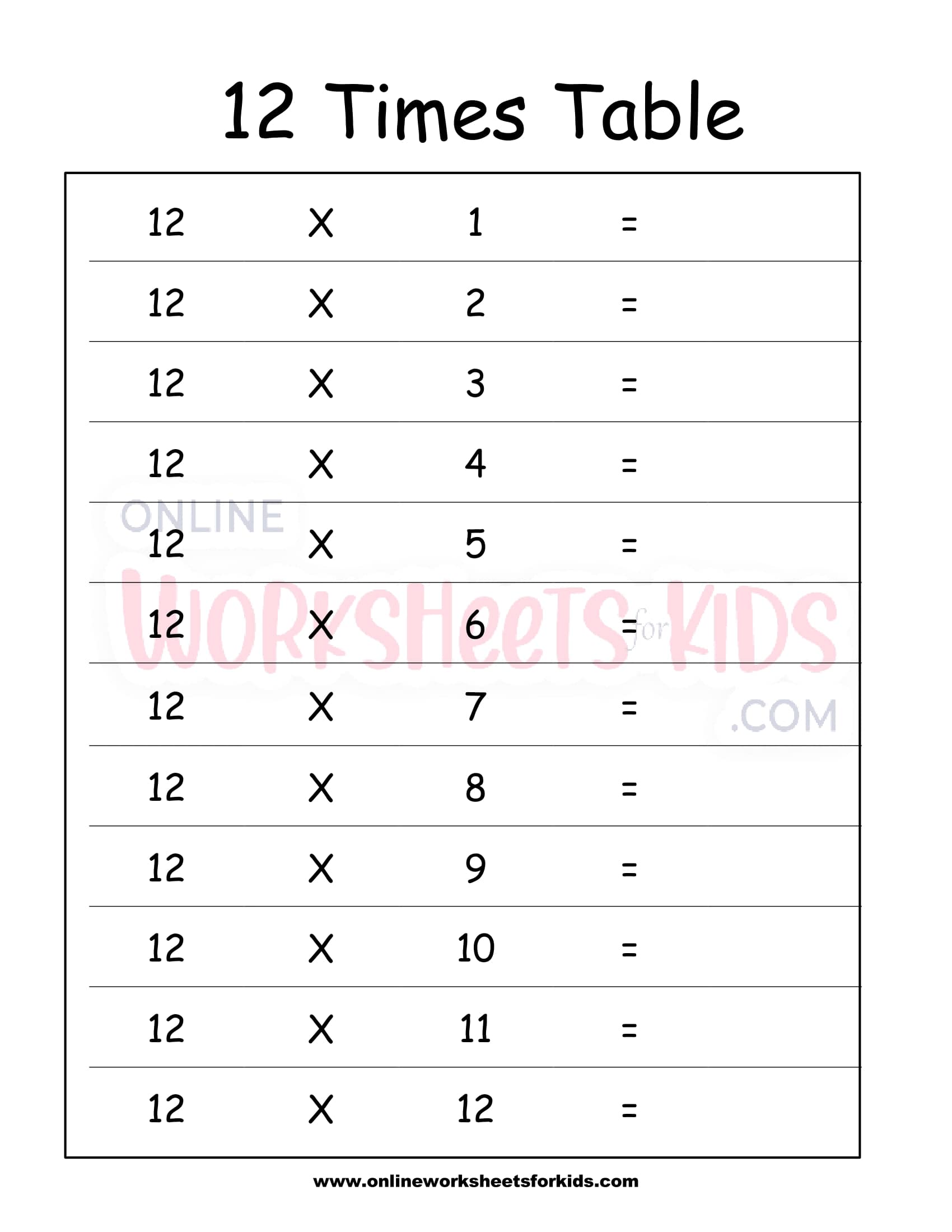 Times Table Chart To 12 Worksheet | Cabinets Matttroy