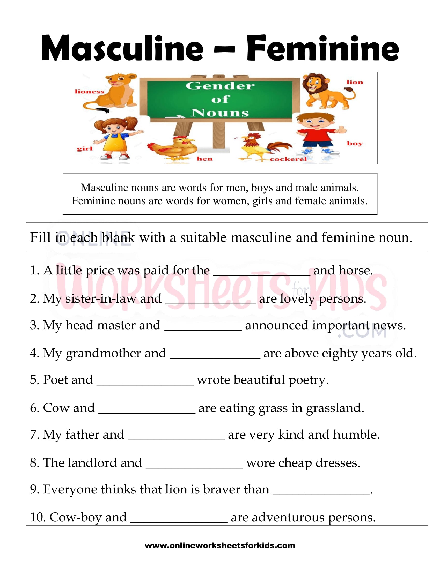 Masculine and Feminine Gender Worksheets 15