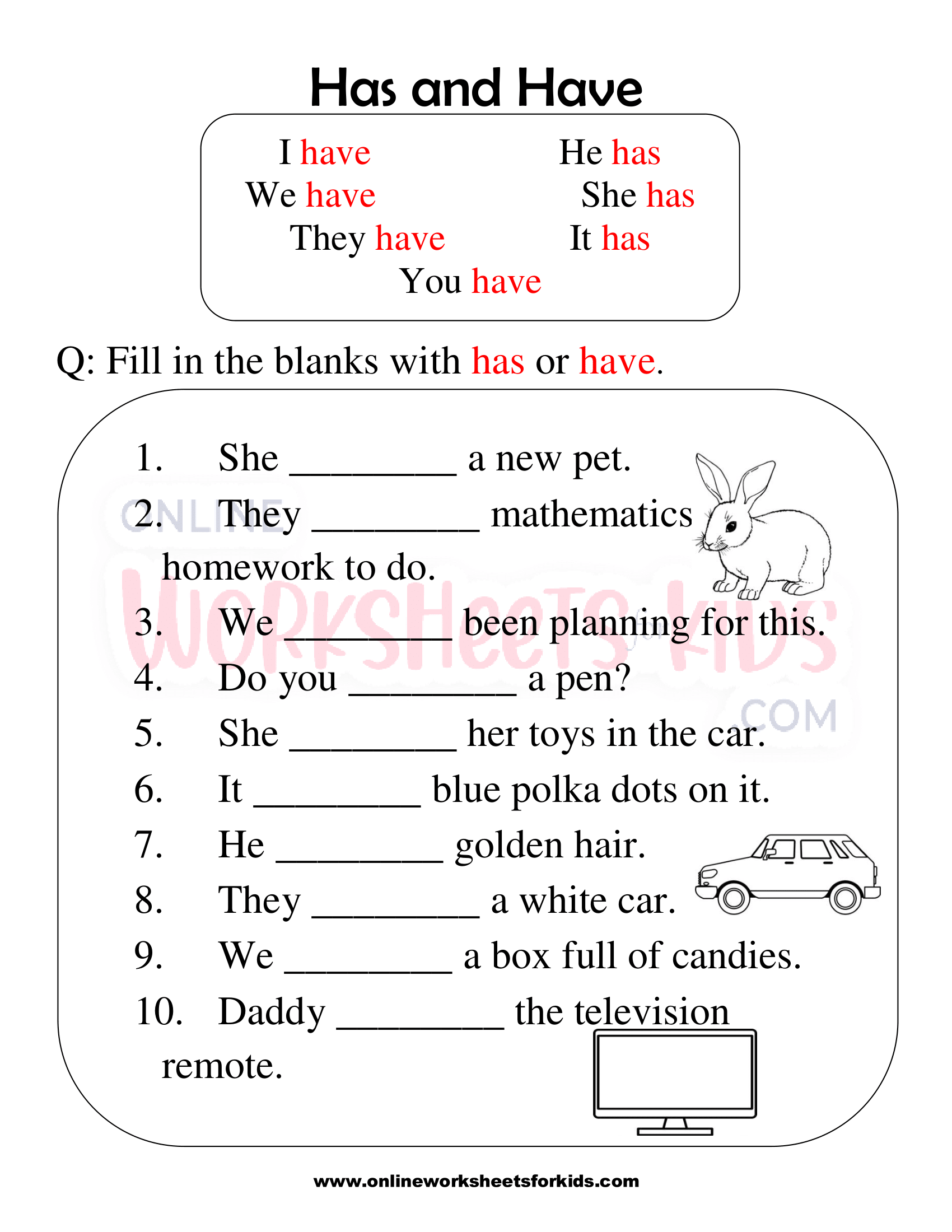 Has and Have worksheets for grade 1-2