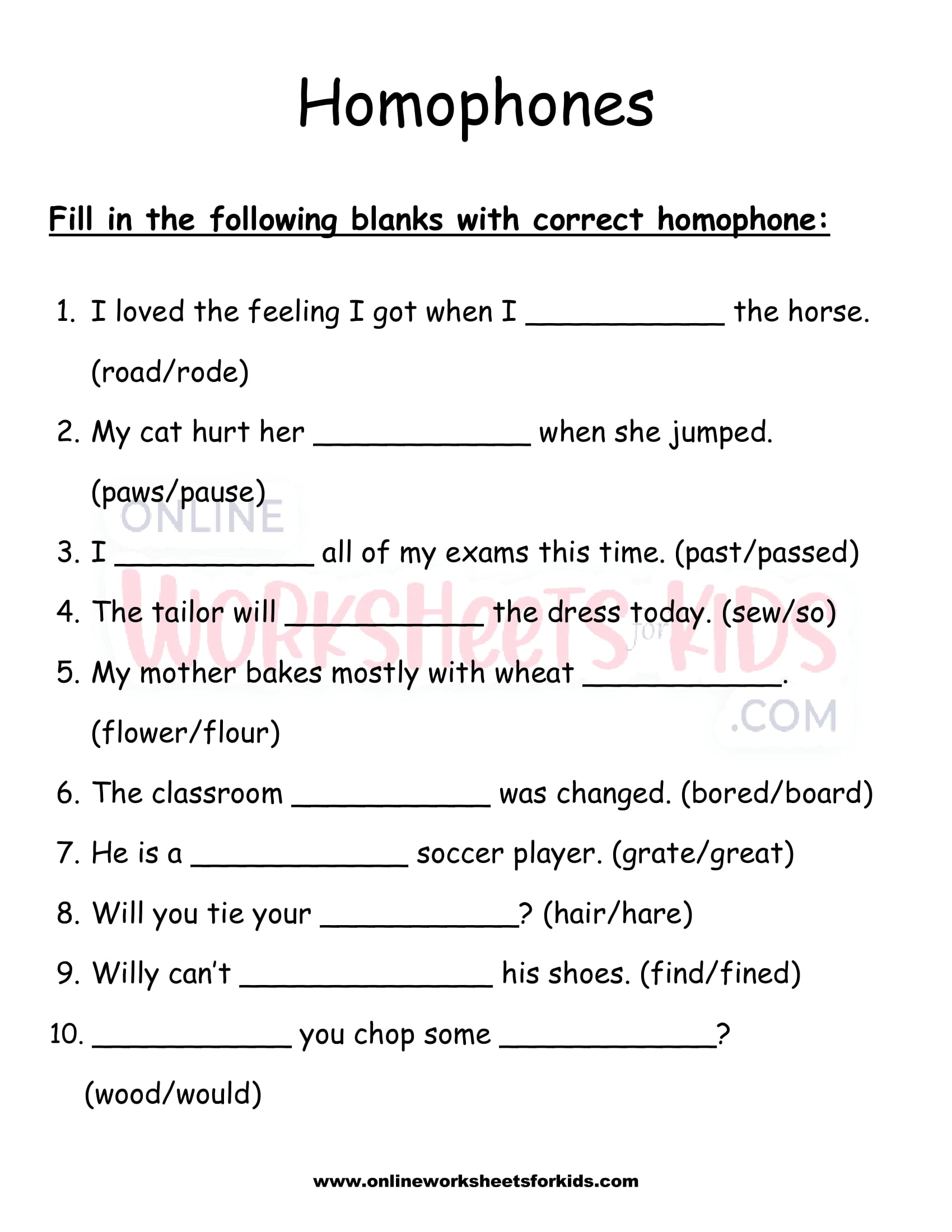 free homophones worksheet and printable for kids