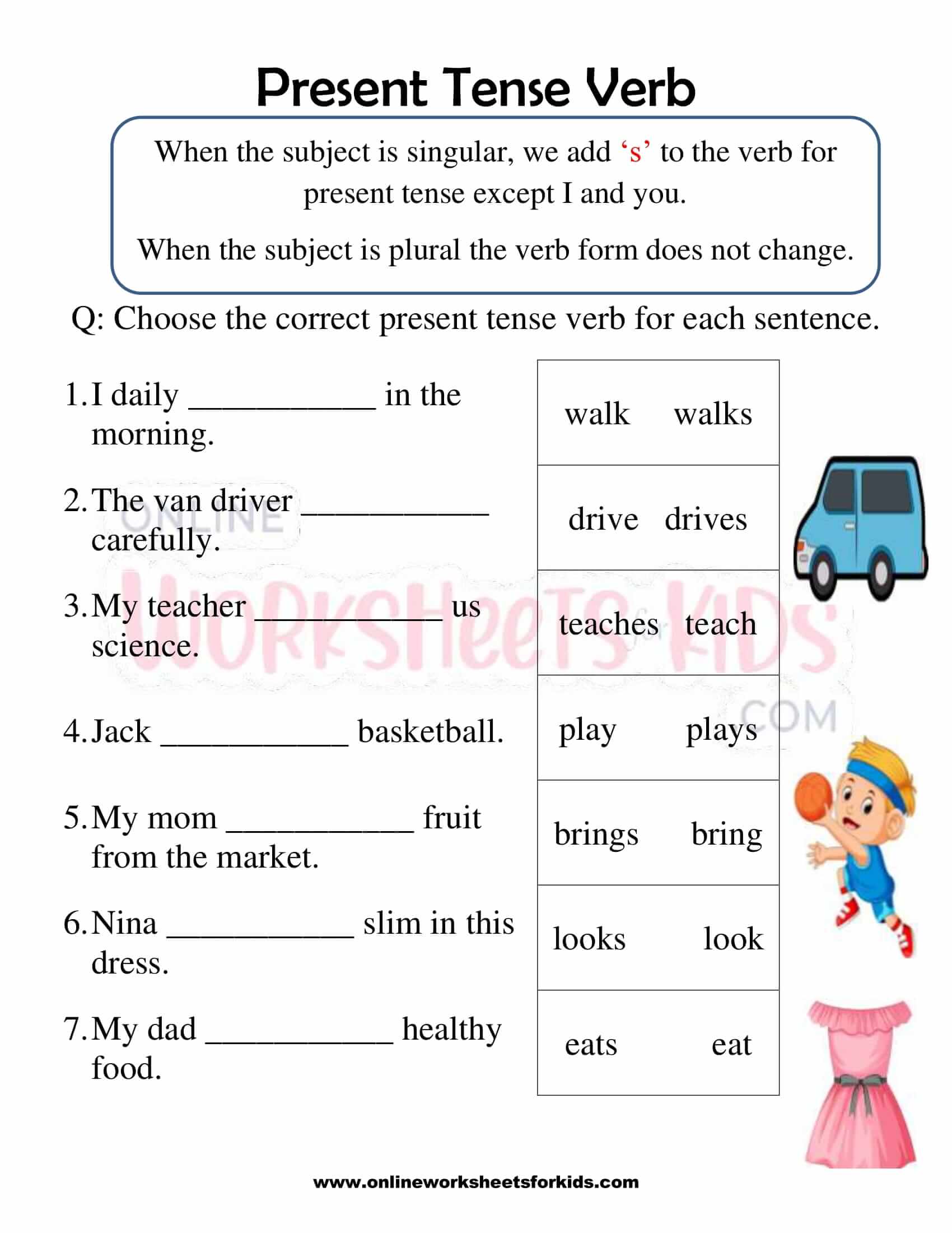 free present tense verb worksheet 1st grade