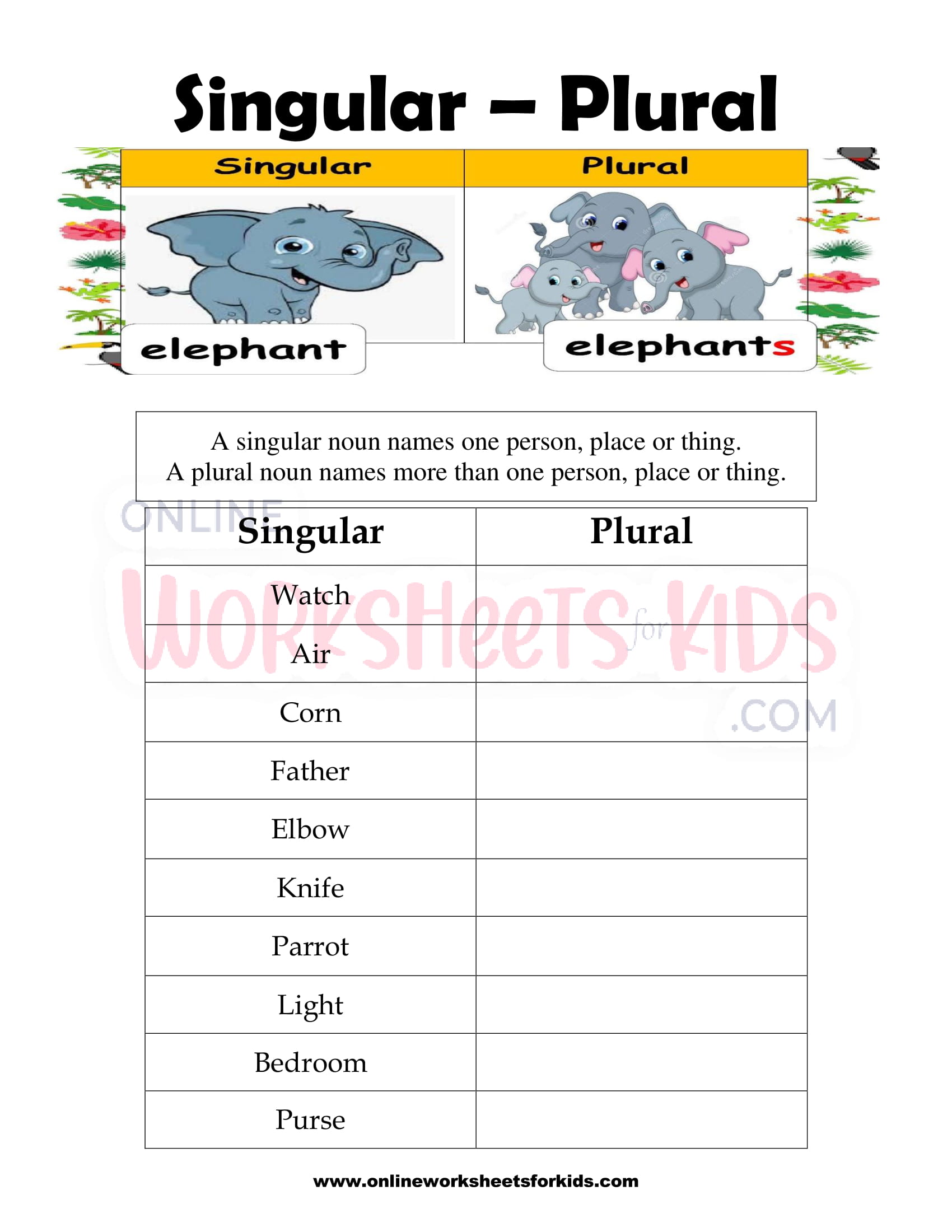 free singular and plural nouns worksheets for kids