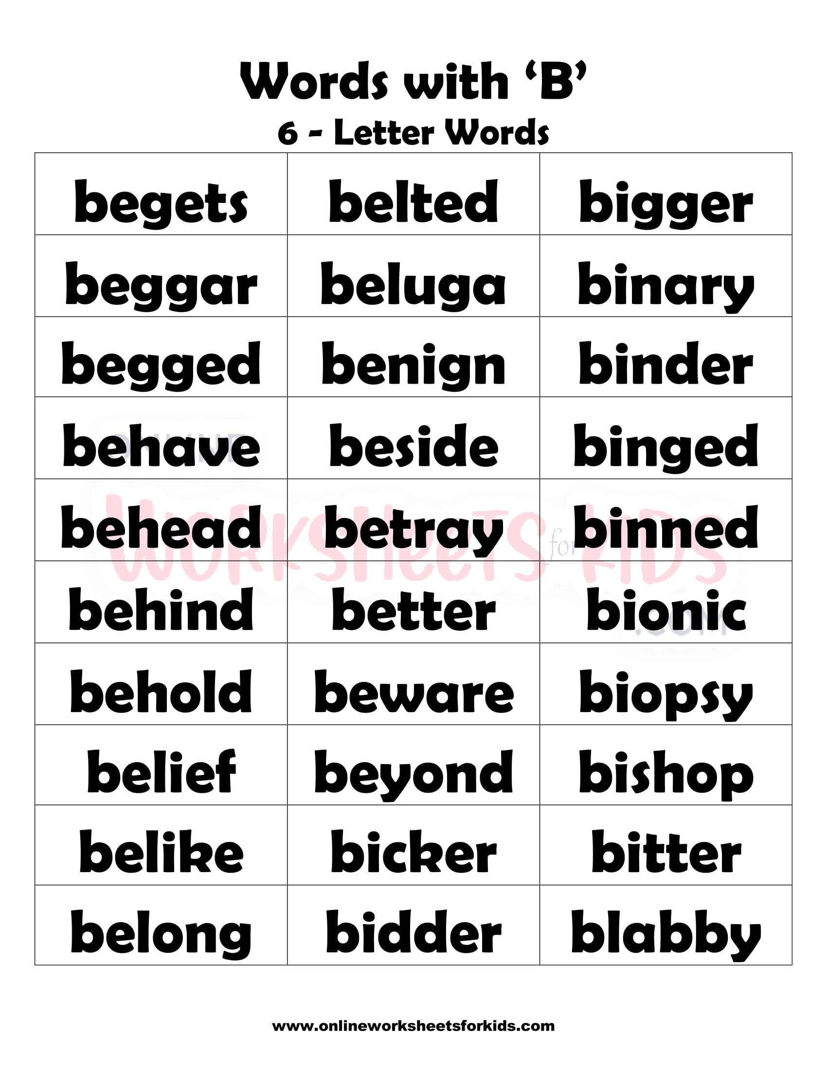 List of Words That Start With Letter 'B' For Children