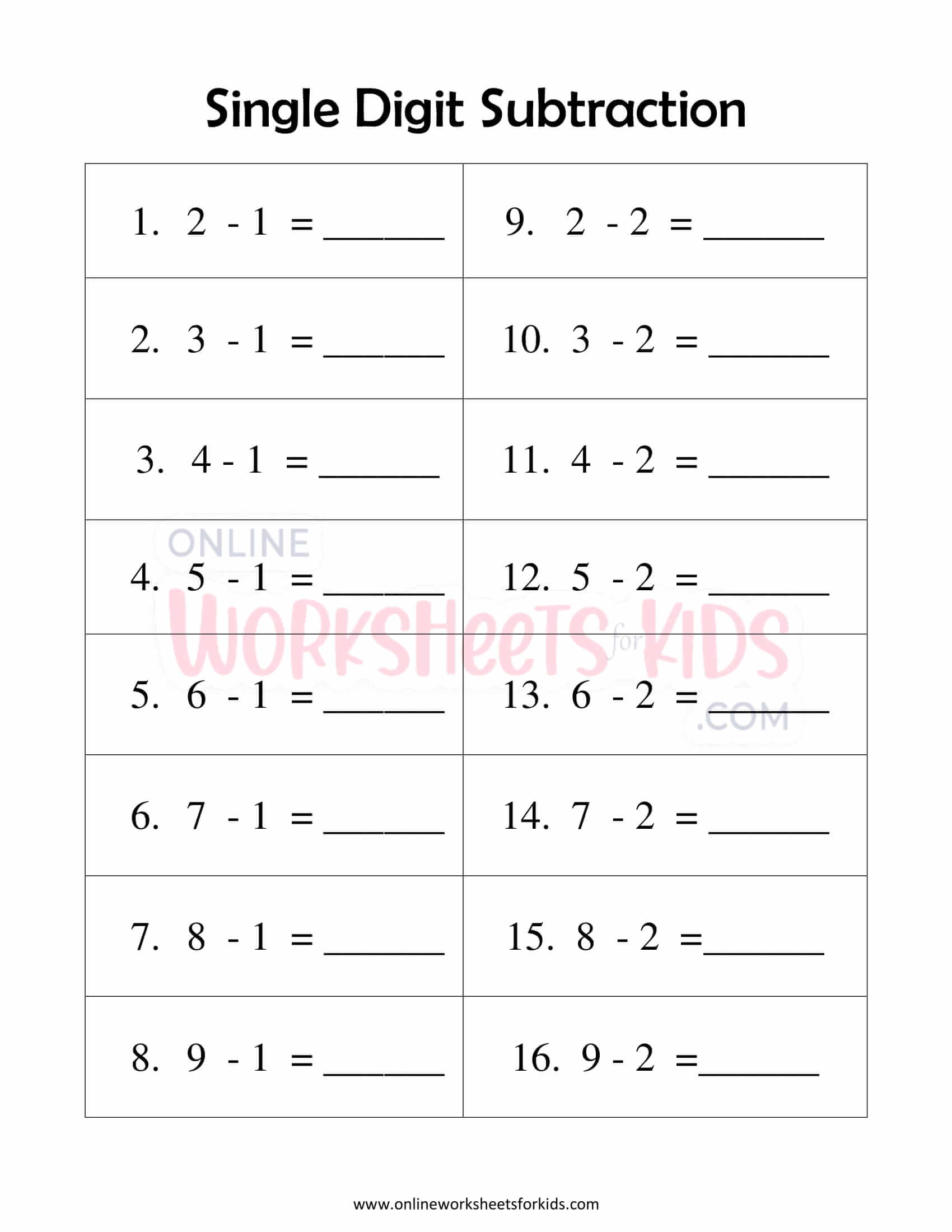 free single digit subtraction worksheets for grade 1