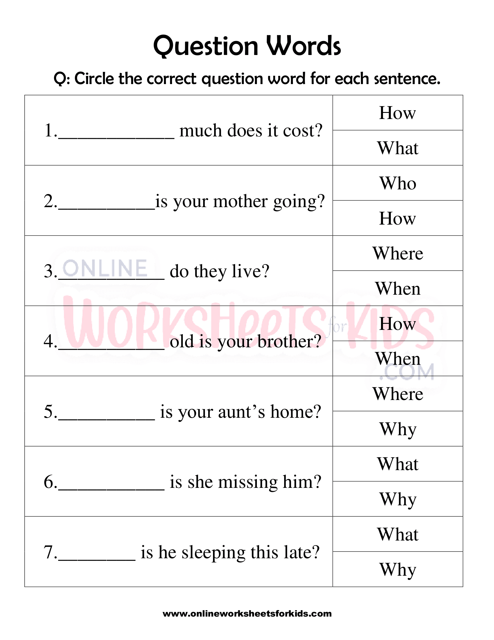 free printable question worksheets for grade 1