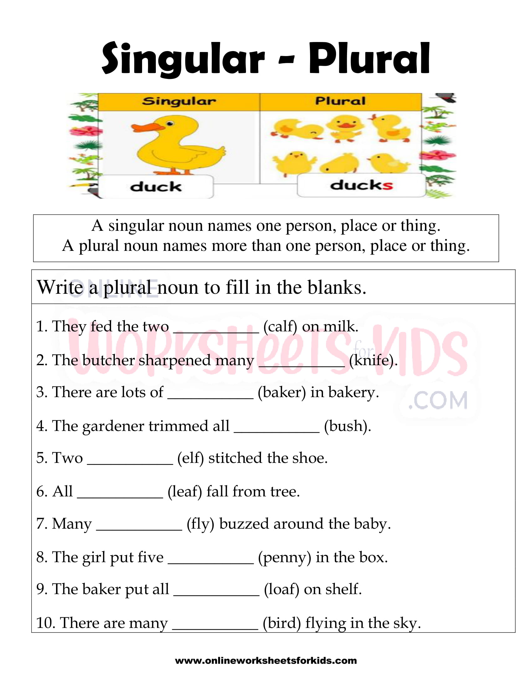 free singular and plural nouns worksheets for kids