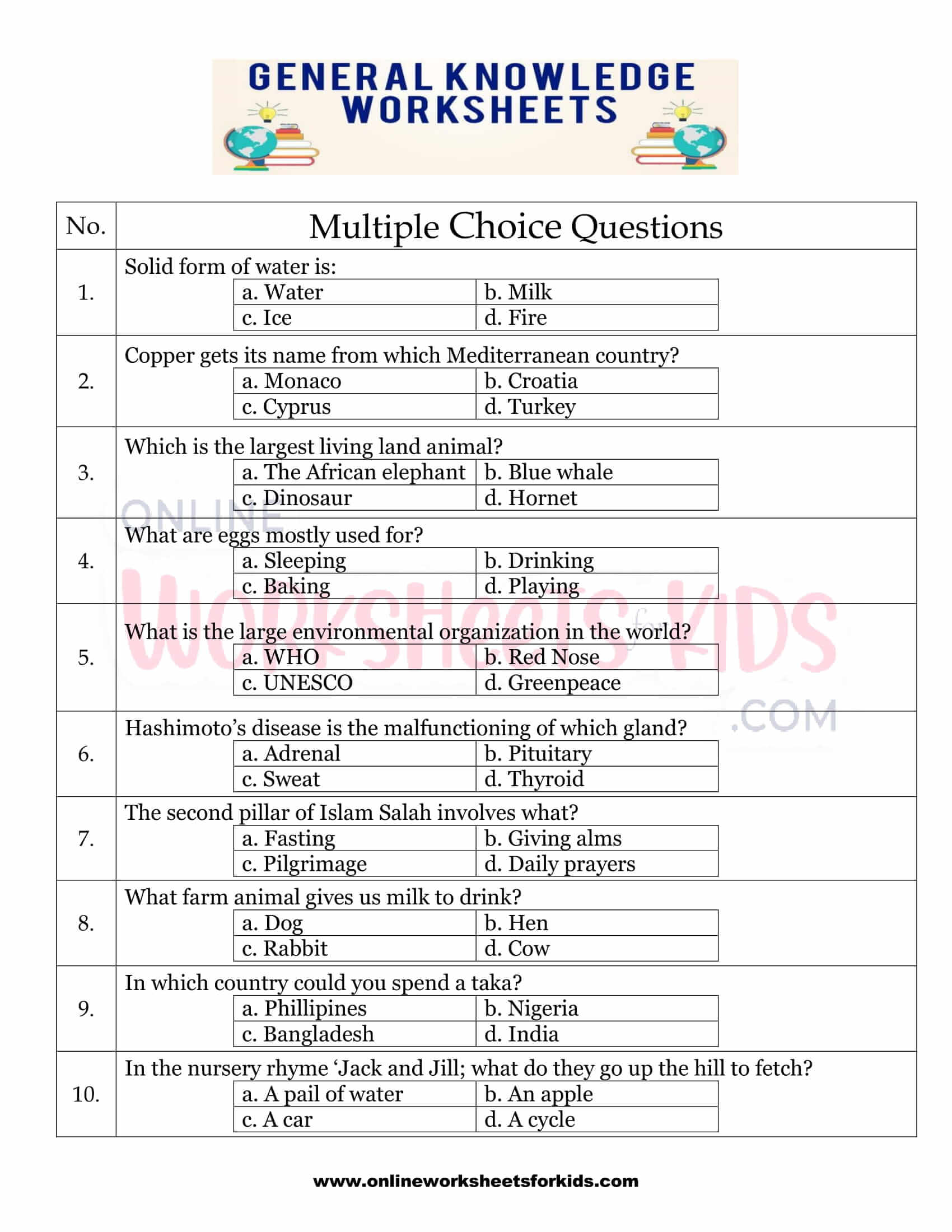 general knowledge worksheets for grade 1 4