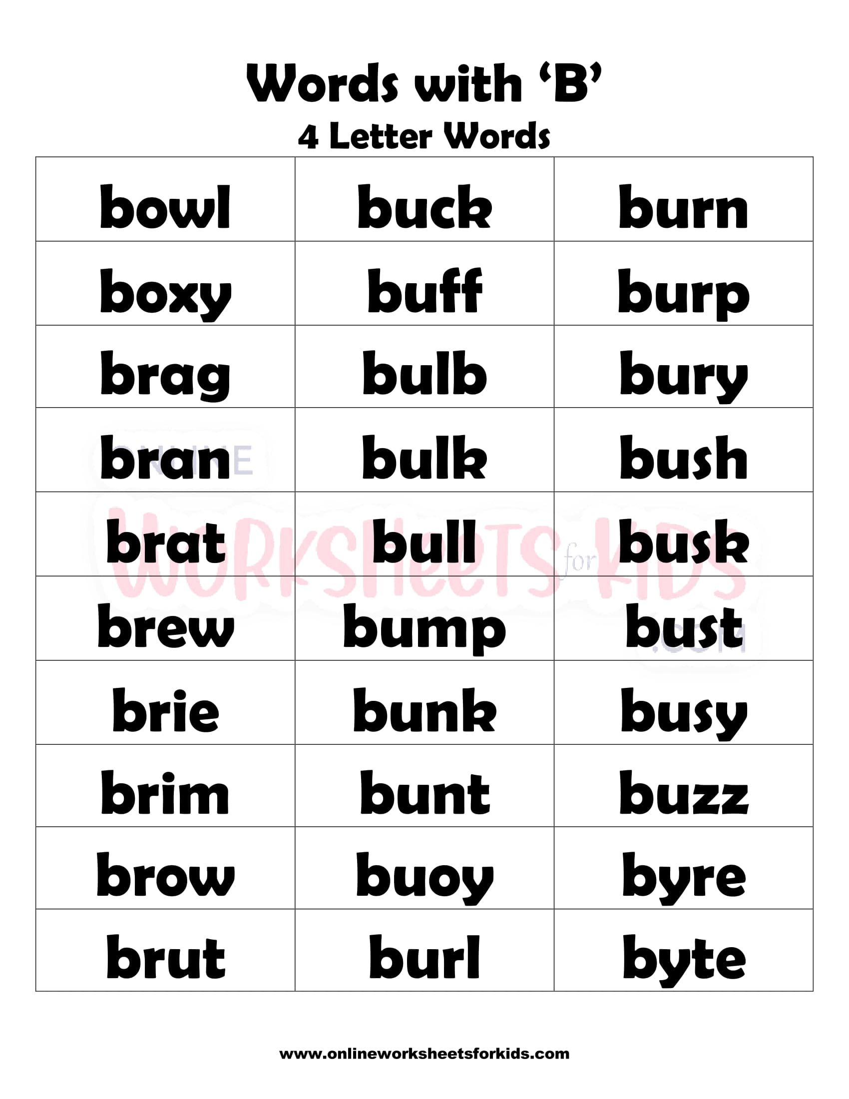 Free Words That Begin With B And Printable For Kids