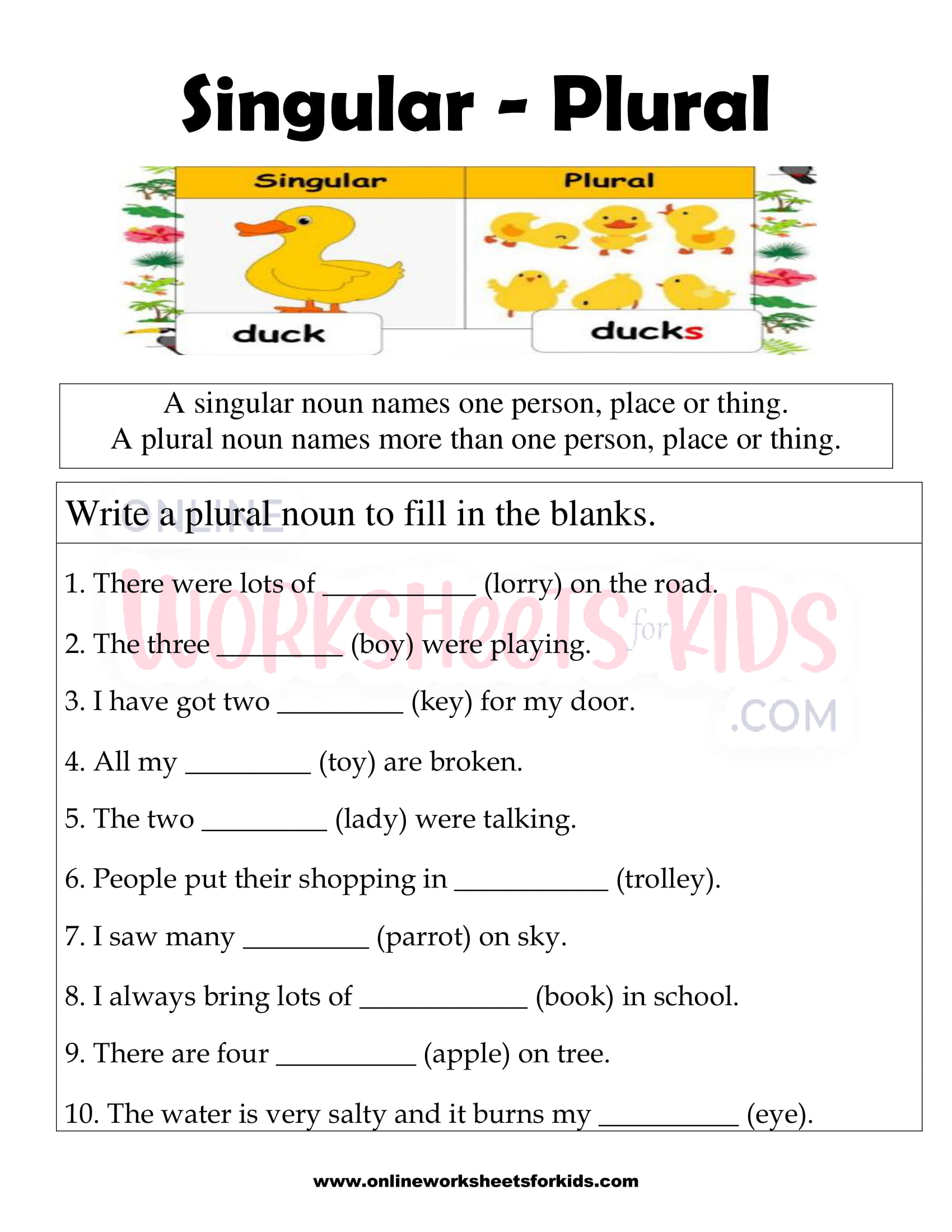 free singular and plural nouns worksheets for kids