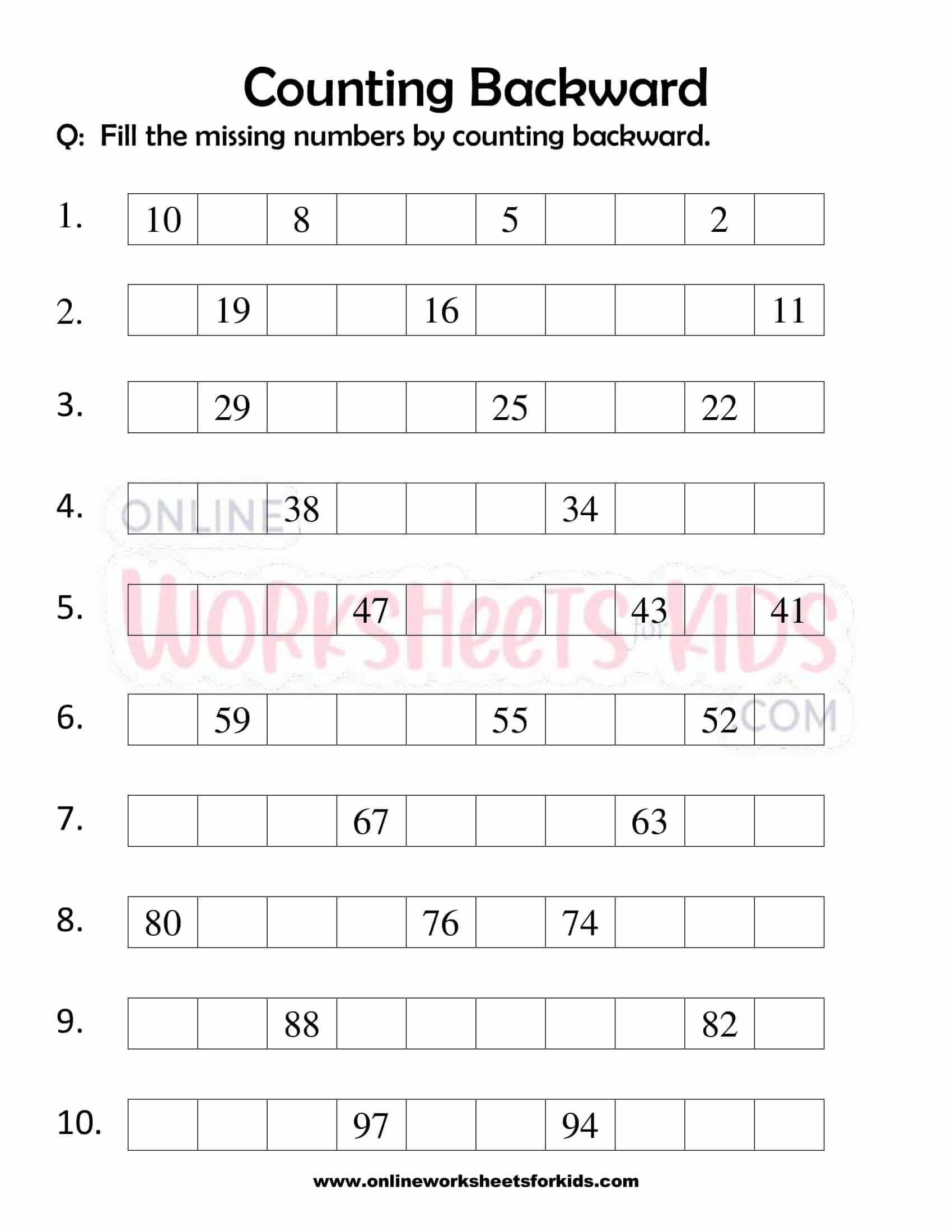 Counting Backwards Worksheets For Grade 1-6