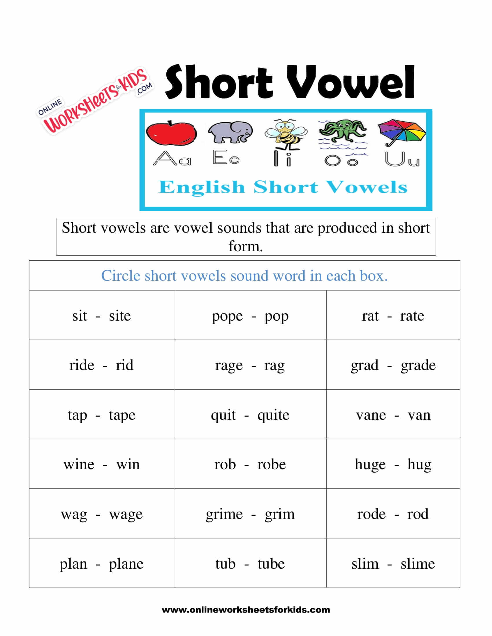 free short vowel worksheets and printable for kids