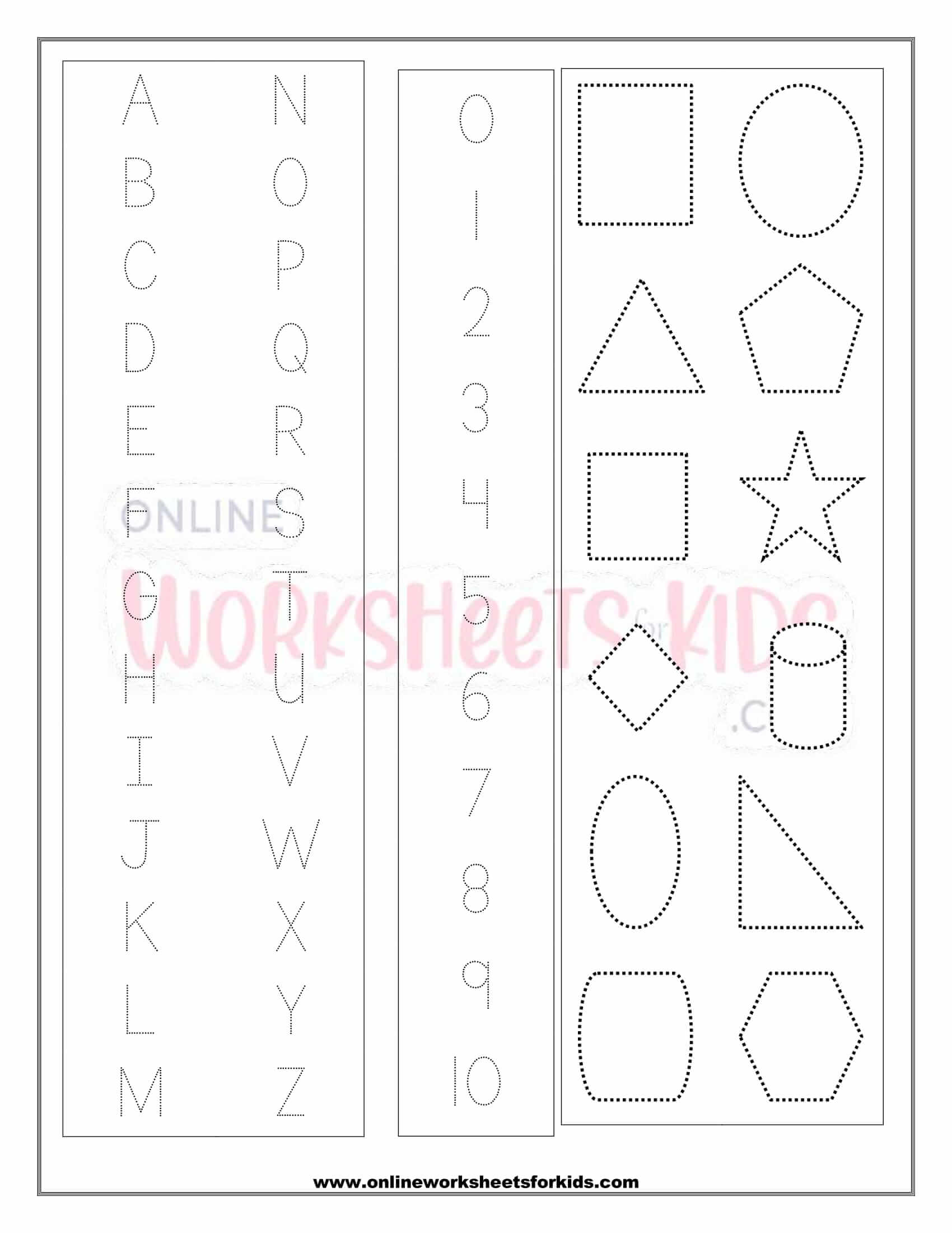 Letters Numbers And Shapes Tracing Worksheets 1