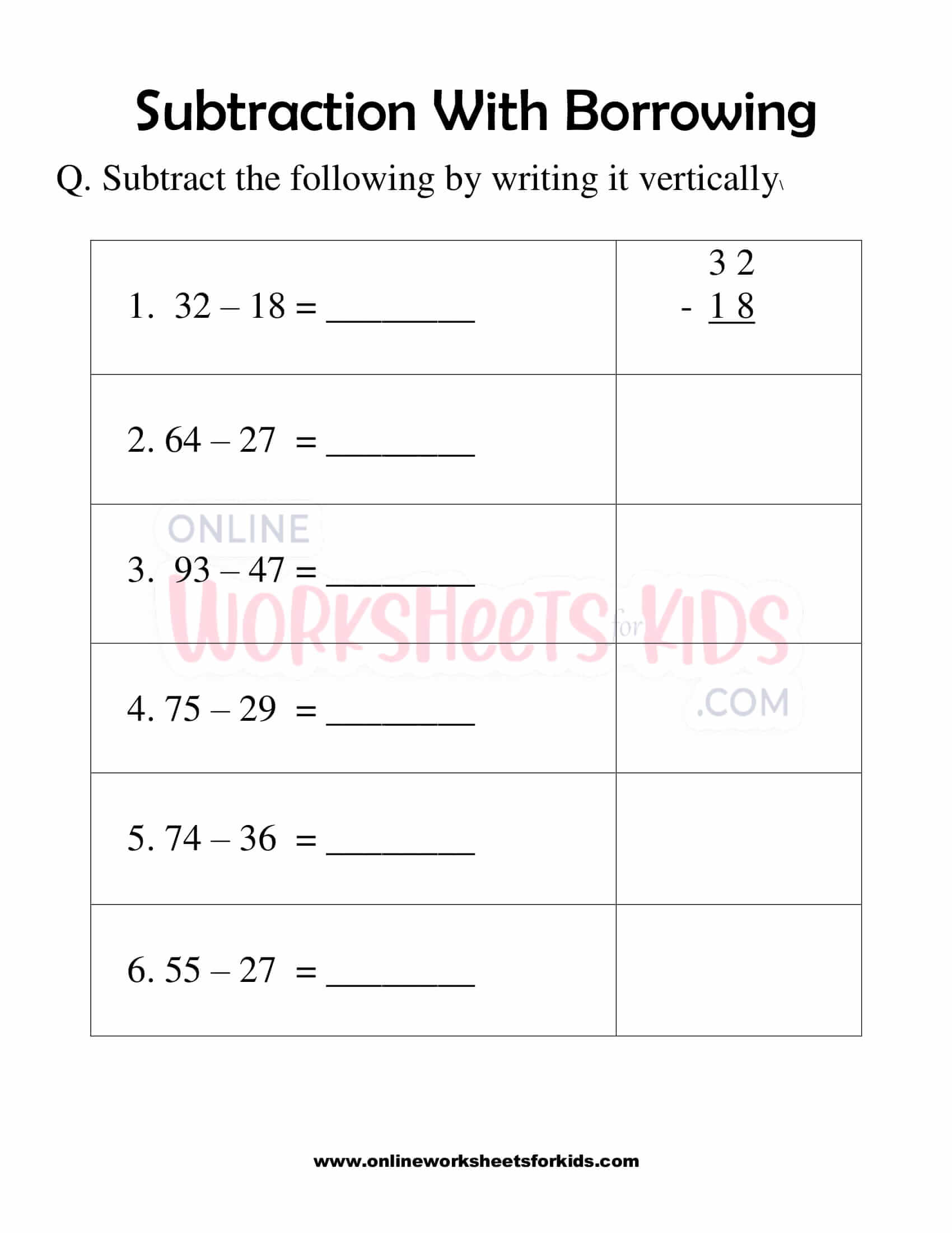 Subtraction With Borrowing Worksheet 7