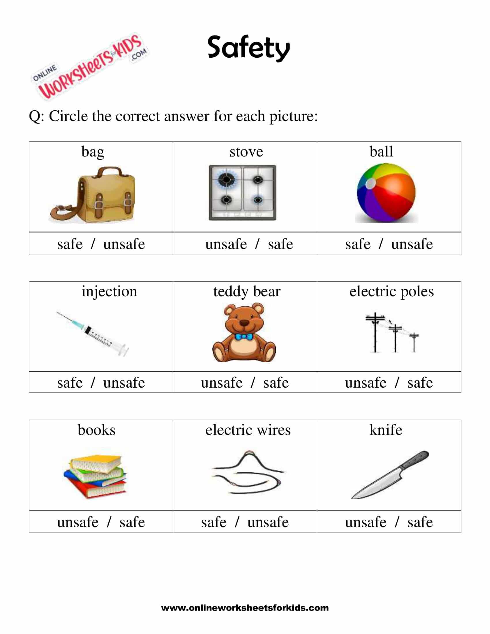 Download Free Safety Worksheets for Grade 1