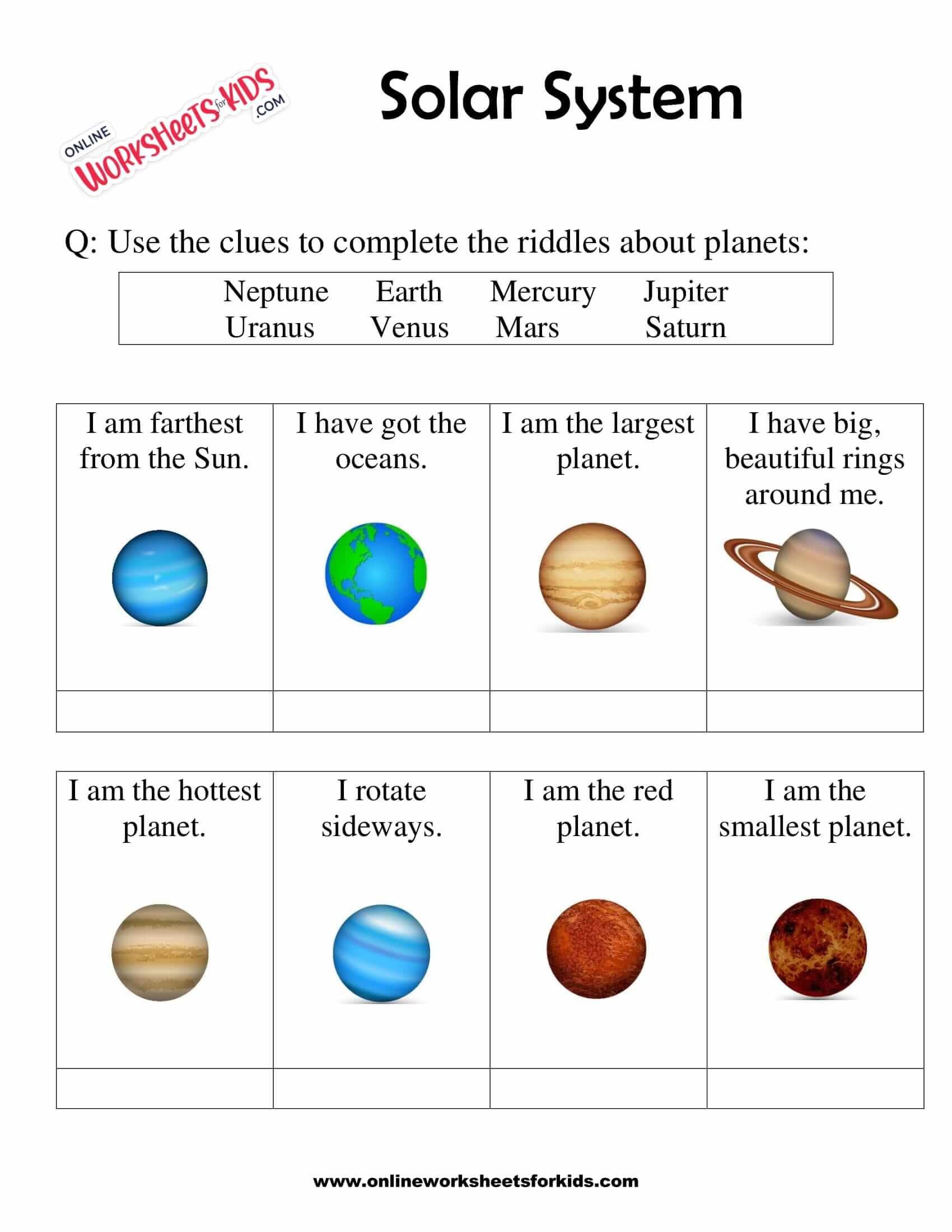 Solar System Worksheets for grade 14