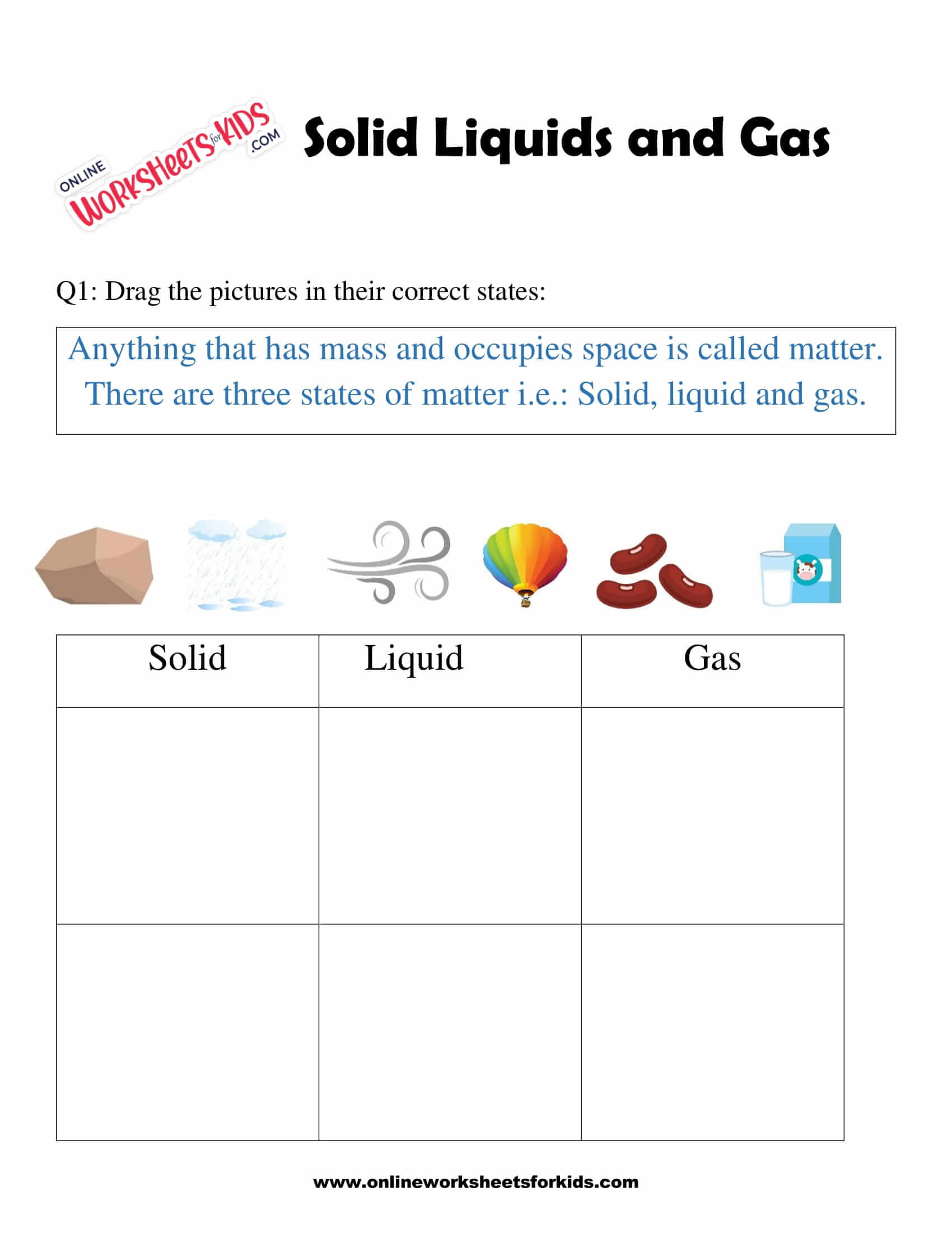 Solid Liquids and Gas Worksheet For Grade 1-7